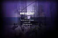 A screen grab from the Six Degrees website with the words "Question one Who are you? I am my Work. I am the sum of my experience. I am my future. I am my contribution" written in white letters on top of a blurry, purple image of various people in downtown New York City on the corner of Fifth Avenue.