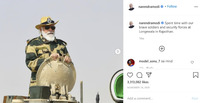 A screenshot of a post by the “narendramodi” Instagram account, which is dated November 14, 2020, and has over three million likes. The post shows Narendra Modi standing on what appears to be a tank, wearing a military uniform, a cowboy-­type hat, and dark sunglasses. The post is captioned “Spent time with our brave soldiers and security forces at Longewala in Rajasthan.”