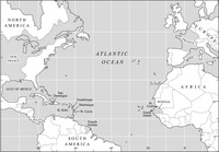 Figure 1. Map of Transatlantic world with French colonies highlighted in Africa, South America, Caribbean, and North America.