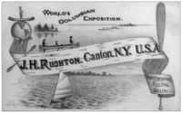 A postcard advertising the J. H. Rushton canoe exhibit at the Columbian Exposition in Chicago, 1893.