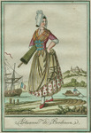 Portrait of a young woman who stands at the shore of a port town. She wears a striped shawl, purple bodice with turquoise bows, a striped gold skirt, a white petticoat with red flowers, white stockings and red shoes. She has a bonnet made of pleated white fabric.