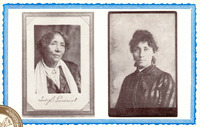 Dual photos. Left is Parsons at age 57. Her wavy hair is parted in middle. She wears a jacket and a scarf. Right is Parsons at age 33. Her hair is pulled back. She wears a long, satin dress. Pensive expressions in both.