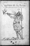 18th-­century line drawing of an Inoca War Chief holding a peace pipe and spear.