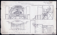 Designs by Eisenstein for Meyerhold's proposed staging of Puss in Boots:Left top: front elevation of the stage with a performance in progress. The prompter, conductor, orchestra musicians, and fictional audience are all depicted simultaneously on the vertical plane.Left bottom: front elevation with the curtain closed.Right top: side elevation of the stage and the vertical positioning of the fictional audience.Right bottom: ground plan of the right half of the stage, including the prompter's box (bottom left of ground plan) and the positions of the orchestra members (marked with circles).