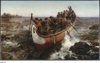 A painting of a very large canoe full of voyageurs traveling through rapids.