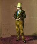 Actor George Hill as the character Brother Jonathan in a whittling pose, wearing a brown and yellow floral jacket and vest, a red neck tie, and brown striped pants.