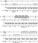 Example 6. One page of music for electric guitar, bass guitar, drum, and drumset