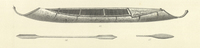 An illustration of a birch-bark canoe and a paddle. The ends of the canoe are shaped similarly to the ends of the Kutenai canoe.