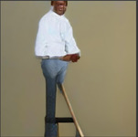 Digital image: In the center is an abstracted Black person wearing a white shirt with their hands together in front of them. The person is wearing blue pants and one of their legs looks like a piece of wood. The very top of their head is cut off by the frame. The background is gray tannish color.