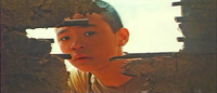 A photo of an adolescent Korean boy looking through a hole in a wooden wall.