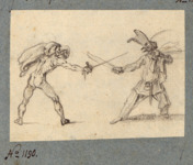 Drawing of two male figures facing one another with crossed swords, one wooden, the other real. The figure on the left is nude aside from the cape he holds in his left hand.