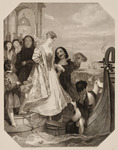 A young woman dressed in bridal garments and surrounded by friends boards a gondola. A dashing man with a black moustache hands her into the boat. Her friends, clad in black clothes, surround her and see her off. A little page with a dark face and turban stands next to her. He is dressed in heavily ornamented brocades.