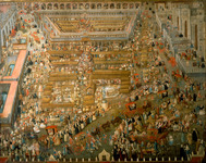 Color painting. Large groups of people are engaged in different activities in the markets and in the outdoor spaces. A procession is located at the painting’s foreground.
