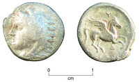 Two photographs showing back and front of silver quarter of a stater.