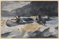 A watercolor painting of two figures paddling through rapids.