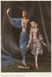 The full-page photograph in color from the periodical Deutsche Kunst und Dekoration (German Art and Décor) features a dancer couple, dressed in oriental costumes. The elongated, androgynous, and oriental-looking figure standing on a plinth is clad in see-through blue gauze with a golden trim, which uncovers his entire torso and reveals his pointed nipples, rib cage, and navel. As for the shorter female companion on his right, she is wrapped in pink see-through gauze, which reveals her breast and red nipples.