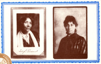 Dual photos. Left is Parsons at age 57. Her wavy hair is parted in the middle. She wears a jacket and a scarf. Right is Parsons at age 33. Her hair is pulled back. She wears a long, satin dress. Pensive expressions in both.
