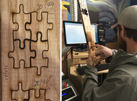 On the left side of the figure is a close-up of a piece of wood floorboard with puzzle piece cutouts and handwritten notations of speed and power settings. On the right side of the figure, Eric stands facing the laser cutter computer screen, wearing a baseball cap. In his left hand he holds a piece of wood floorboard with a speed and power grid cutout, and with his right hand he marks settings with his fingers.