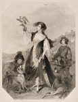 A young woman dressed in medieval garments practices falconry with her two boy pages nearby. The vague outlines of the Tower of London are visible in the background.