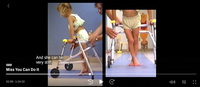 On the left is a young girl with blonde pigtails standing and holding on to a walker. An adult is holding the back of the walker. On the right is a close up of the young girl’s legs, the left leg is twisted over the right leg.