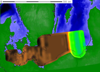 Wind speed raster grid map (shaded zone extending eastward from southeastern Jutland) interpolated from 10' data points in GRASS 6. Lighter is lower velocity and darker is higher velocity.