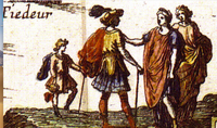 A closeup of the lower righthand corner of Scudéry's Carte du Tendre shows the only humans on the map, a group of four characters, including two men about to depart of their trip across the land of Tendre.