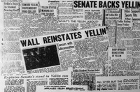 Collage of newspapers from 1960. The most prominent headlines read “Senate backs Yellin” and “Wall reinstates Yellin.”