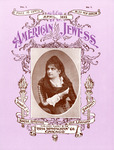 Composite image. Sonneschein inset on the ornate cover of her magazine with ribbons and torches. April 1895 edition. She wears an elegant dress with a long lace headscarf.