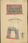 Scene design in red, purple, and blue for The Snake Woman, created in three parts: a front elevation, ground plan, and a detail of the curtain mechanism and attendants. Emphasis in these designs is on the forestage as a primary playing area and on the fully visible attendants who pull back the stage curtain.