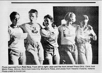 Black-and-white photo reprinted from _Tradeswomen_ magazine. Five women are lined up, arm in arm, doing a little dance, each holding a piece of paper, singing a song.