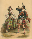 A Scottish man and woman are dressed in highly colorful, plaid Highland traditional dress. The woman stands to one side, hair and skirts blowing. The man blows a small horn.