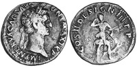 A silver coin of Nerva from late 96 that depicts a portrait head of Nerva on the obverse and Diana readying her bow and followed by a hunting dog on the reverse.