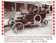 Walker and three assistants in an open Model T touring car driving down a street. All four wear elegant suits and wide-brimmed hats. See Resources for quote on front and names.