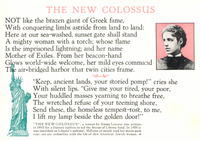 The famous words inscribed on the Statue of Liberty fill the postcard front, along with a small portrait of Lazarus and the Statue. See Resources for full description.