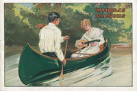 A woman in a canoe plays an instrument while a male paddles.