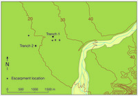 Shtoj alluvial fan topographic map. Three escarpment locations located next to Trench 1 and one escarpment location next to Trench 2.