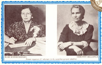 Waist-up photos of both women sitting, Schneiderman at her desk in a floral dress and Bellanca with her arms crossed in a dark dress with lace trim. Quiet photo of dynamic women.