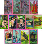 A collection of colorful cards featuring various figures from a film. The top four cards feature four human figures in costumes and with props. The lower nine cards feature the naked bodies of human-animal hybrids, including women and children combined with insects or sea creatures and giant turtles with a male head.