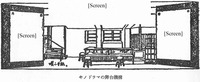 Figure 7.2: A sketch of Laughing Letter stage design of the pharmacy. Screens are indicated stage left and right, and another is indicated above the stage.