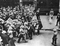 "We Have Swept Them Out" (from UNITE Archives, Kheel Center, Cornell University, Ithaca, NY 14853-3901 [1927]). Police try to control a crowd, probably of anti-Communist partisans during the violent years following the 1926 strike. This photograph highlights both the public violence that came to accompany partisan battles after 1926 and the way this violence was acted out by male unionists and male gangsters.