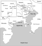 A black and white map of the areas affected by the Great Kantō Earthquake, showing the area around Tokyo Bay and Sagami Bay. Cities, geographic regions, rivers, and mountains are marked, as well as boundaries for prefectures. A smaller map is included in the upper left, with detail of the area along the Sumida River.