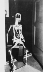 The black and white photograph from The Doll (1934) by Hans Bellmer shows the doll as a wooden and metal skeleton seated on a chair in a doorway, with only the head and foot cast in shadow on the wall behind. The doll’s legs and one arm are made of broomsticks, metal rods, nuts, and bolts with one foot carved out of wood.
