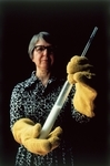 The pioneering chemist Stephanie Kwolek holds the liquid crystal polymer that became Kevlar.