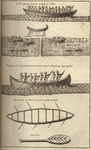 A drawing depicting several elm-bark canoes and an oar.