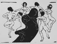 Black-and-white woodcut print depicting six nude women dancing in a wide circle, and a large black shadow hovers in the middle in between them. It is both joyous and ominous. Their hair and gestures show their movement and body parts are outlined with general detail.