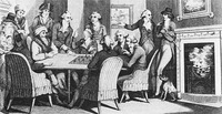 An engraving of Philidor playing a game of chess blindfolded.