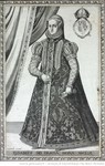 Engraving of Queen Elizabeth I of England, full-length, standing in front of a curtain, wearing a dress with ruff and hood, holding gloves in her left hand; the top right shows the royal coat of arms.