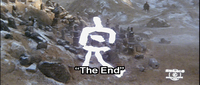 The end title over a screenscape of graves.