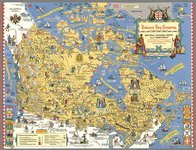 A colorfully illustrated map of Canada depicting various landmarks, locations of historical events, people and settlements surrounding the Hudson's Bay Company.
