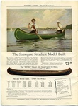 A page of advertising for Kennebec Canoes includes a colorful illustration of two people in a green canoe on a lake, and a drawing of a blue wooden canoe along with text describing the different dimensions and characteristic of the Kennebec Canoe.